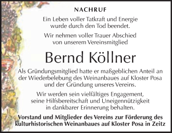 Traueranzeige von Bernd Köllner von WVG - Wochenspiegel NMB / WSF / ZTZ