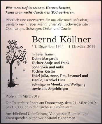 Traueranzeige von Bernd Köllner von Mitteldeutsche Zeitung