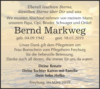 Traueranzeige von Bernd Markweg von WVG - Wochenspiegel NMB / WSF / ZTZ