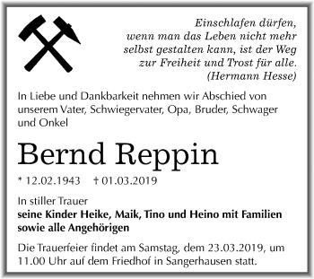 Traueranzeige von Bernd Reppin von Mitteldeutsche Zeitung Sangerhausen