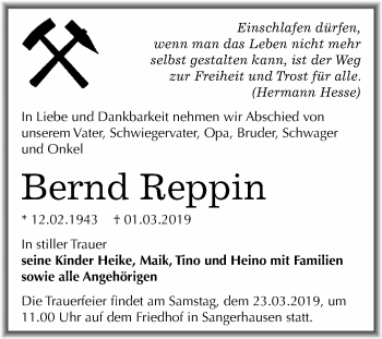 Traueranzeige von Bernd Reppin von Super Sonntag SGH Mansf. Land