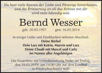 Traueranzeige von Bernd Wesser von Mitteldeutsche Zeitung Halle/Saalkreis