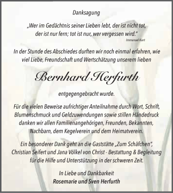 Traueranzeige von Bernhard Herfurth von WVG - Wochenspiegel Merseburg