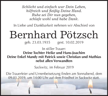 Traueranzeige von Bernhard Pötzsch von WVG - Wochenspiegel Wittenberg