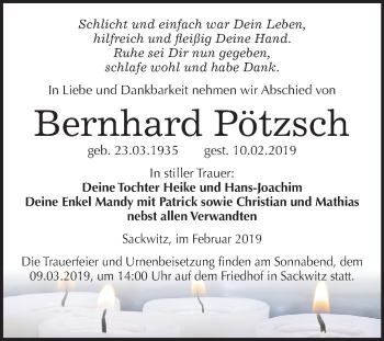 Traueranzeige von Bernhard Pötzsch von Mitteldeutsche Zeitung