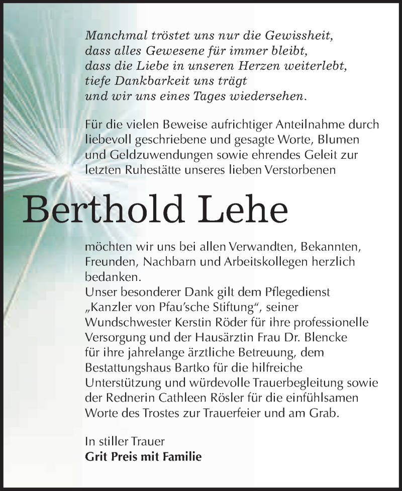  Traueranzeige für Berthold Lehe vom 23.03.2019 aus WVG - Wochenspiegel Dessau / Köthen