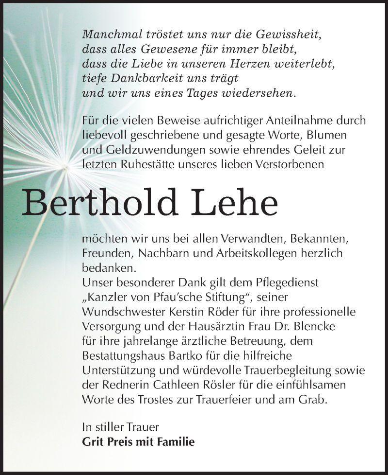  Traueranzeige für Berthold Lehe vom 23.03.2019 aus Mitteldeutsche Zeitung Köthen