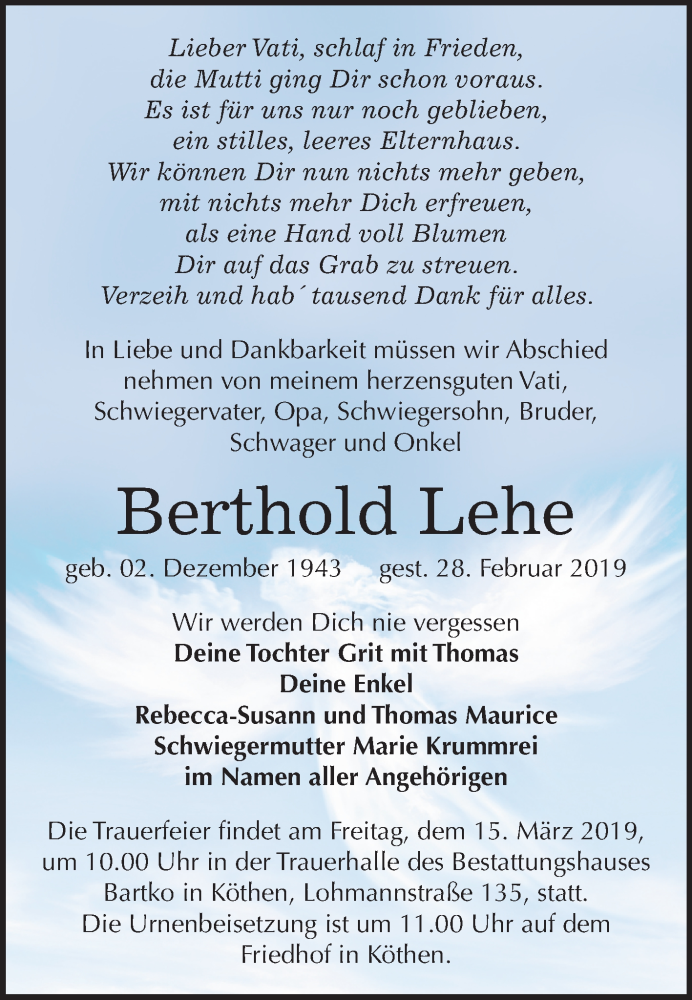  Traueranzeige für Berthold Lehe vom 09.03.2019 aus Mitteldeutsche Zeitung Köthen
