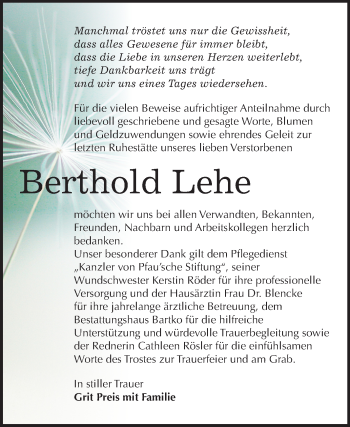 Traueranzeige von Berthold Lehe von Mitteldeutsche Zeitung Köthen