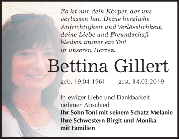 Traueranzeige von Bettina Gillert von Mitteldeutsche Zeitung
