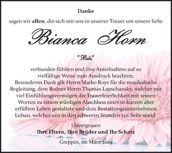 Traueranzeige von Bianca Horn von Mitteldeutsche Zeitung Bitterfeld