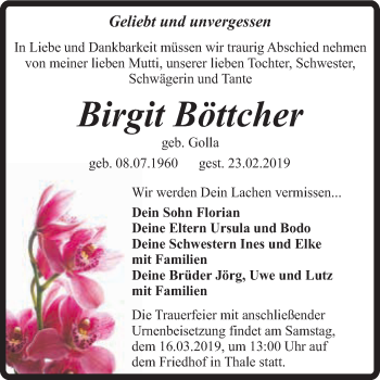 Traueranzeige von Birgit Böttcher von Super Sonntag Quedlinburg