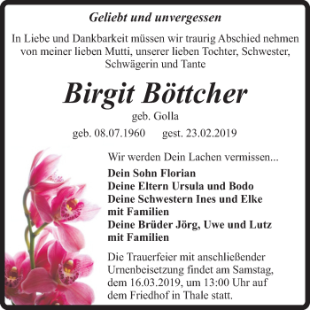 Traueranzeige von Birgit Böttcher von Mitteldeutsche Zeitung Quedlinburg