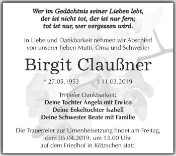 Traueranzeige von Birgit Claußner von WVG - Wochenspiegel Merseburg