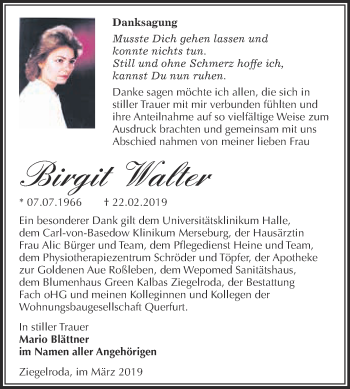 Traueranzeige von Birgit Walter von WVG - Wochenspiegel Merseburg