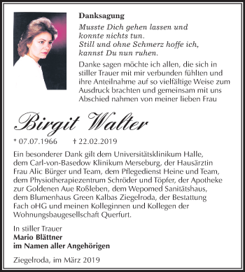Traueranzeige von Birgit Walter von Mitteldeutsche Zeitung Merseburg/Querfurt