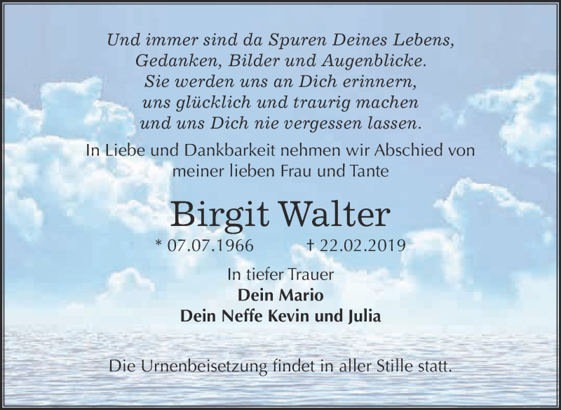  Traueranzeige für Birgit Walter vom 04.03.2019 aus WVG - Wochenspiegel Merseburg