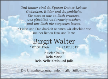 Traueranzeige von Birgit Walter von WVG - Wochenspiegel Merseburg