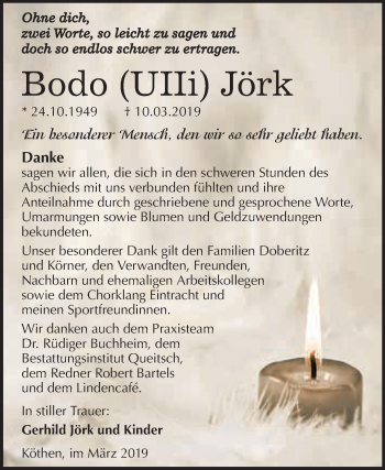 Traueranzeige von Bodo Jörk von WVG - Wochenspiegel Dessau / Köthen