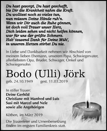 Traueranzeige von Bodo Jörk von WVG - Wochenspiegel Dessau / Köthen