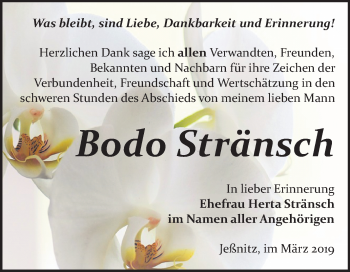 Traueranzeige von Bodo Stränsch von WVG - Wochenspiegel Bitterfeld