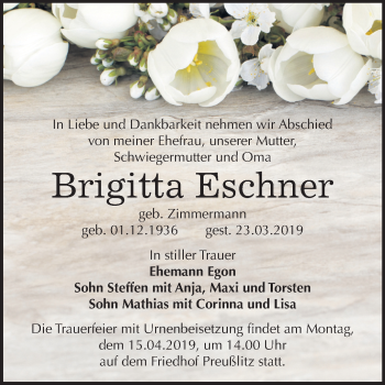 Traueranzeige von Brigitta Eschner von Mitteldeutsche Zeitung