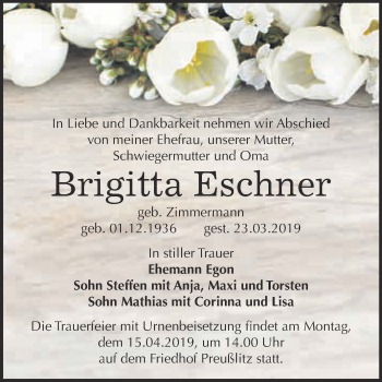 Traueranzeige von Brigitta Eschner von Super Sonntag Bernburg