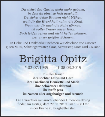 Traueranzeige von Brigitta Opitz von WVG - Wochenspiegel NMB / WSF / ZTZ
