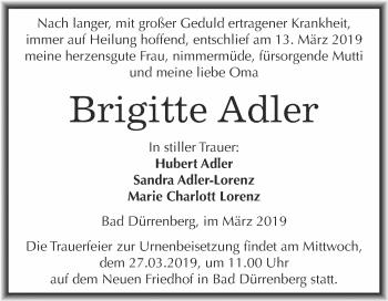 Traueranzeige von Brigitte Adler von Super Sonntag Merseburg