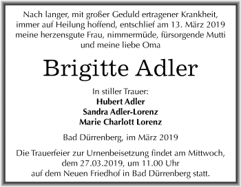 Traueranzeige von Brigitte Adler von Mitteldeutsche Zeitung Merseburg/Querfurt