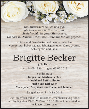 Traueranzeige von Brigitte Becker von Mitteldeutsche Zeitung Sangerhausen