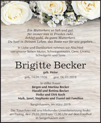 Traueranzeige von Brigitte Becker von Super Sonntag SGH Mansf. Land