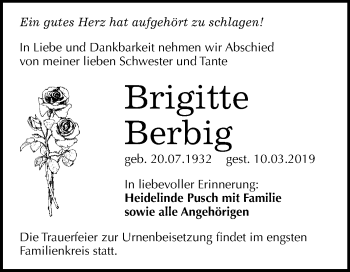Traueranzeige von Brigitte Berbig von Wochenspiegel Mansfelder Land