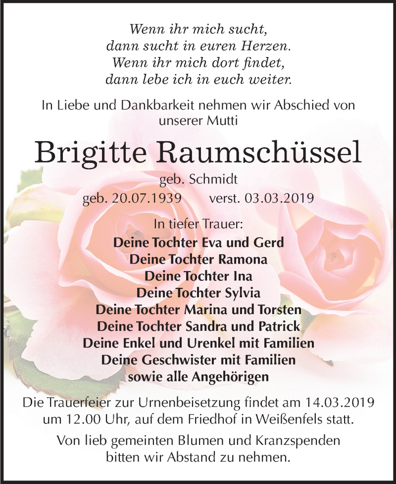  Traueranzeige für Brigitte Raumschüssel vom 09.03.2019 aus Mitteldeutsche Zeitung Weißenfels
