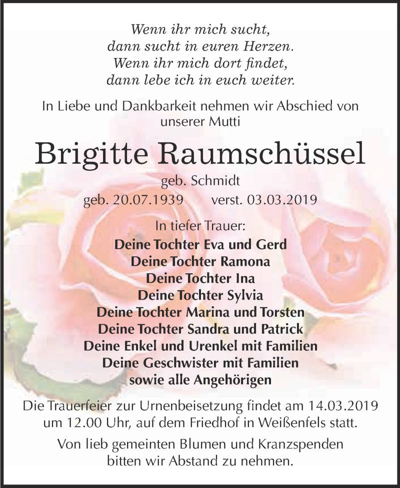  Traueranzeige für Brigitte Raumschüssel vom 11.03.2019 aus WVG - Wochenspiegel NMB / WSF / ZTZ