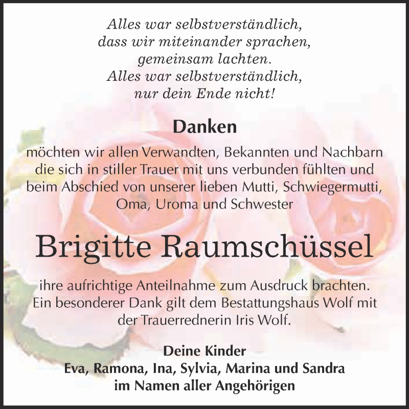  Traueranzeige für Brigitte Raumschüssel vom 25.03.2019 aus WVG - Wochenspiegel NMB / WSF / ZTZ