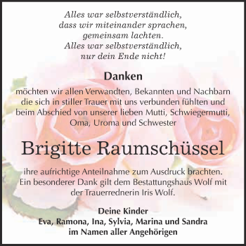 Traueranzeige von Brigitte Raumschüssel von WVG - Wochenspiegel NMB / WSF / ZTZ