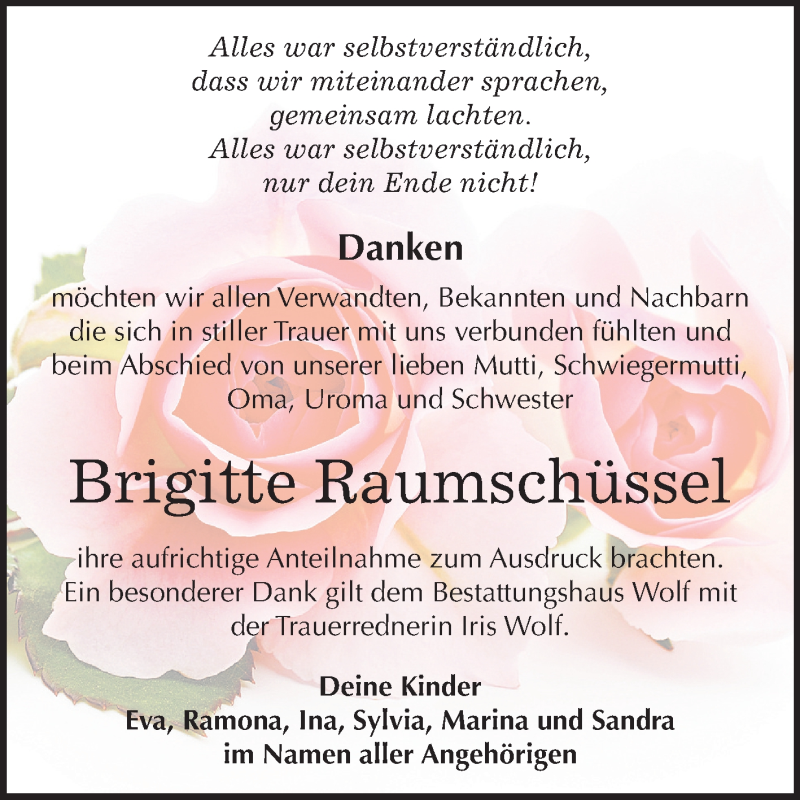  Traueranzeige für Brigitte Raumschüssel vom 23.03.2019 aus Mitteldeutsche Zeitung Weißenfels