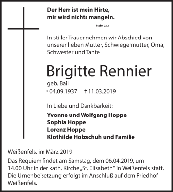 Traueranzeige von Brigitte Rennier von WVG - Wochenspiegel NMB / WSF / ZTZ