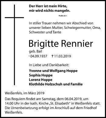 Traueranzeige von Brigitte Rennier von Mitteldeutsche Zeitung Weißenfels