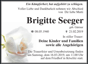 Traueranzeige von Brigitte Seeger von WVG - Wochenspiegel Dessau / Köthen