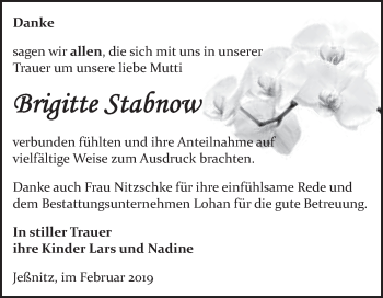 Traueranzeige von Brigitte Stabnow von WVG - Wochenspiegel Bitterfeld