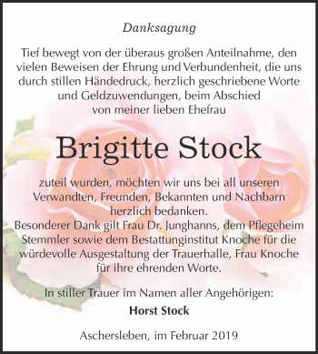 Traueranzeige von Brigitte Stock von Super Sonntag Aschersleben