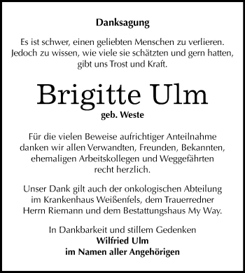 Traueranzeige von Brigitte Ulm von WVG - Wochenspiegel NMB / WSF / ZTZ