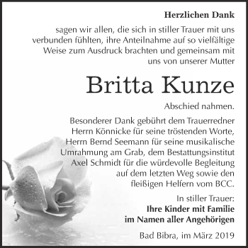 Traueranzeige von Britta Kunze von WVG - Wochenspiegel NMB / WSF / ZTZ