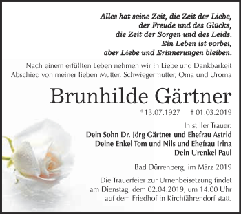 Traueranzeige von Brunhilde Gärtner von Super Sonntag Merseburg