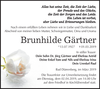 Traueranzeige von Brunhilde Gärtner von Mitteldeutsche Zeitung Merseburg/Querfurt
