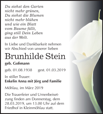 Traueranzeige von Brunhilde Stein von Mitteldeutsche Zeitung
