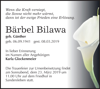 Traueranzeige von Bärbel Bila von Mitteldeutsche Zeitung