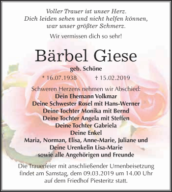 Traueranzeige von Bärbel Giese von WVG - Wochenspiegel Wittenberg